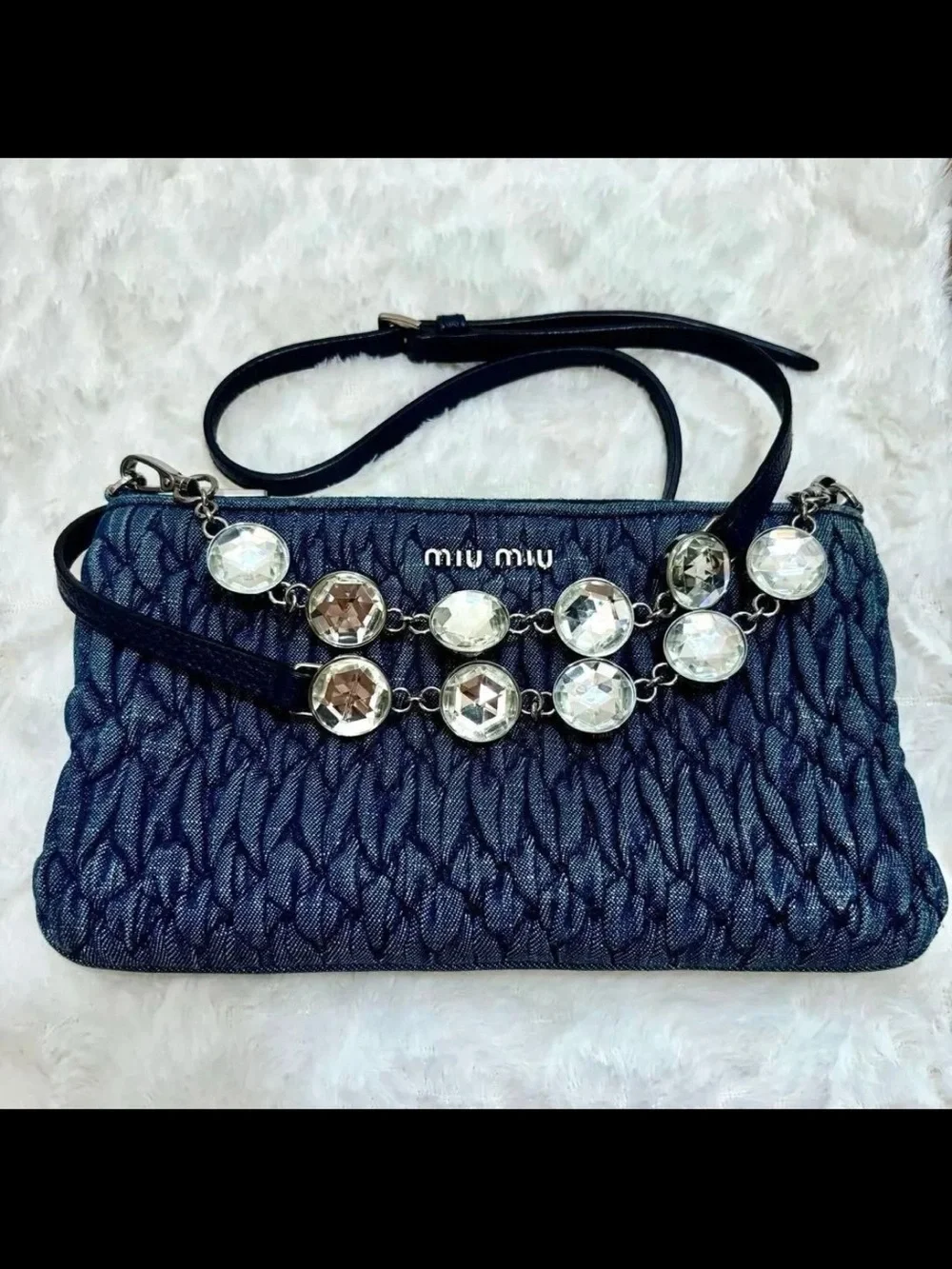 Miu Miu Navy Quilted Denim Crossbody with Crystal Accent